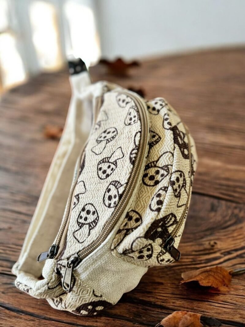 Mushroom printed hemp bum bag beige
