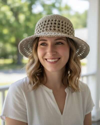 A woman wearing handmade beige crochet hat