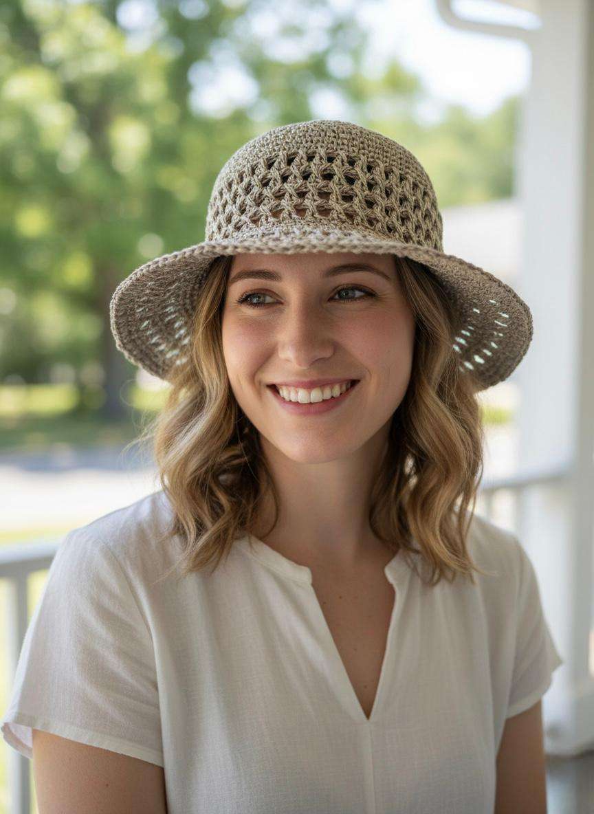 A woman wearing handmade beige crochet hat