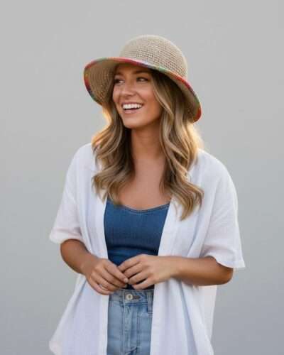 A woman wearing handmade hemp hat with rainbow border