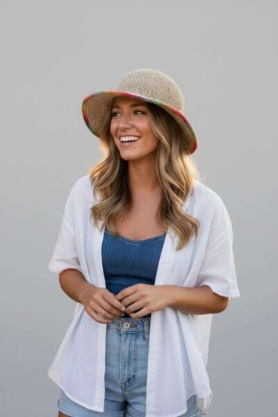 A woman wearing handmade hemp hat with rainbow border