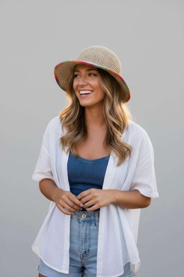 A woman wearing handmade hemp hat with rainbow border