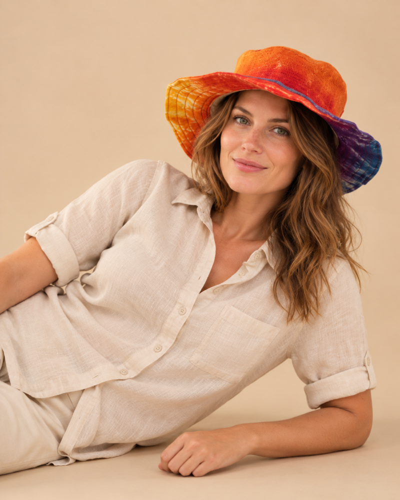 Female wearing rainbow safari hat and looking at the camera