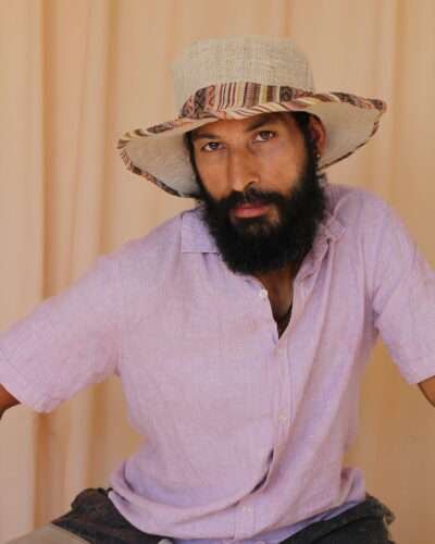 Bordered Hemp Sun Hat with Brim: Beige