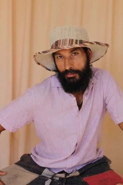 Bordered Hemp Sun Hat with Brim: Beige