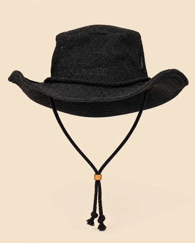 Black KTM Safari Hat with Chin String handmade from wild Himalayan hemp, featuring a shapable wide brim, textured crown and adjustable chin cord with wooden toggle.