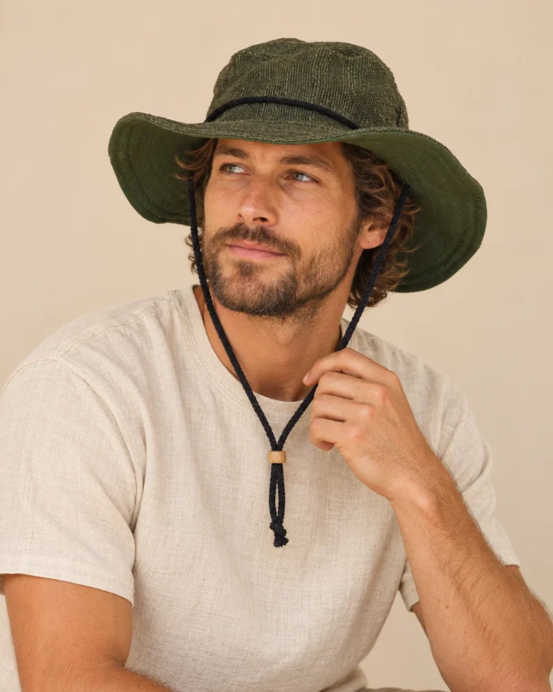 Green KTM safari hat with chin string worn by a man