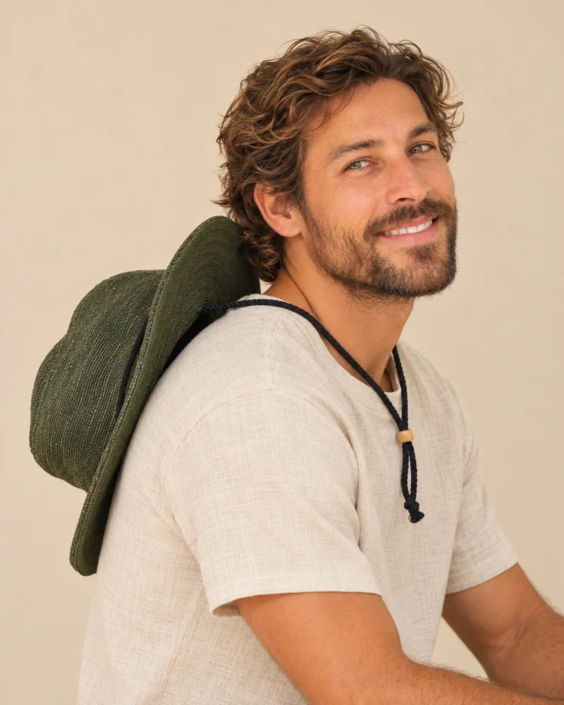 Green hemp safari hat with chin string by model back view