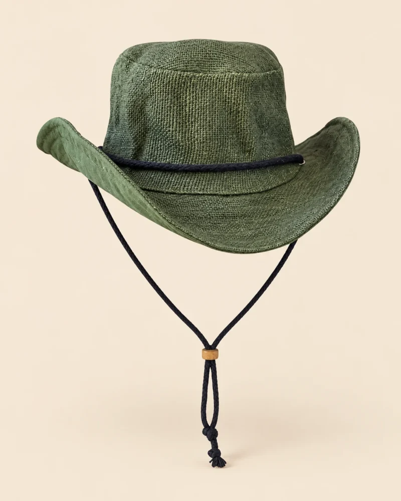 Green KTM Safari Hat with Chin String handmade from wild Himalayan hemp, featuring a shapable wide brim, breathable woven fabric and adjustable chin strap.