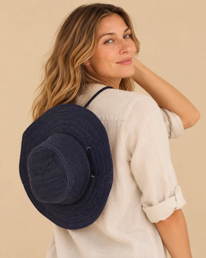 Female model viewed from behind with Navy Blue KTM Safari Hat hanging across her back, showing its woven hemp texture and wide brim.