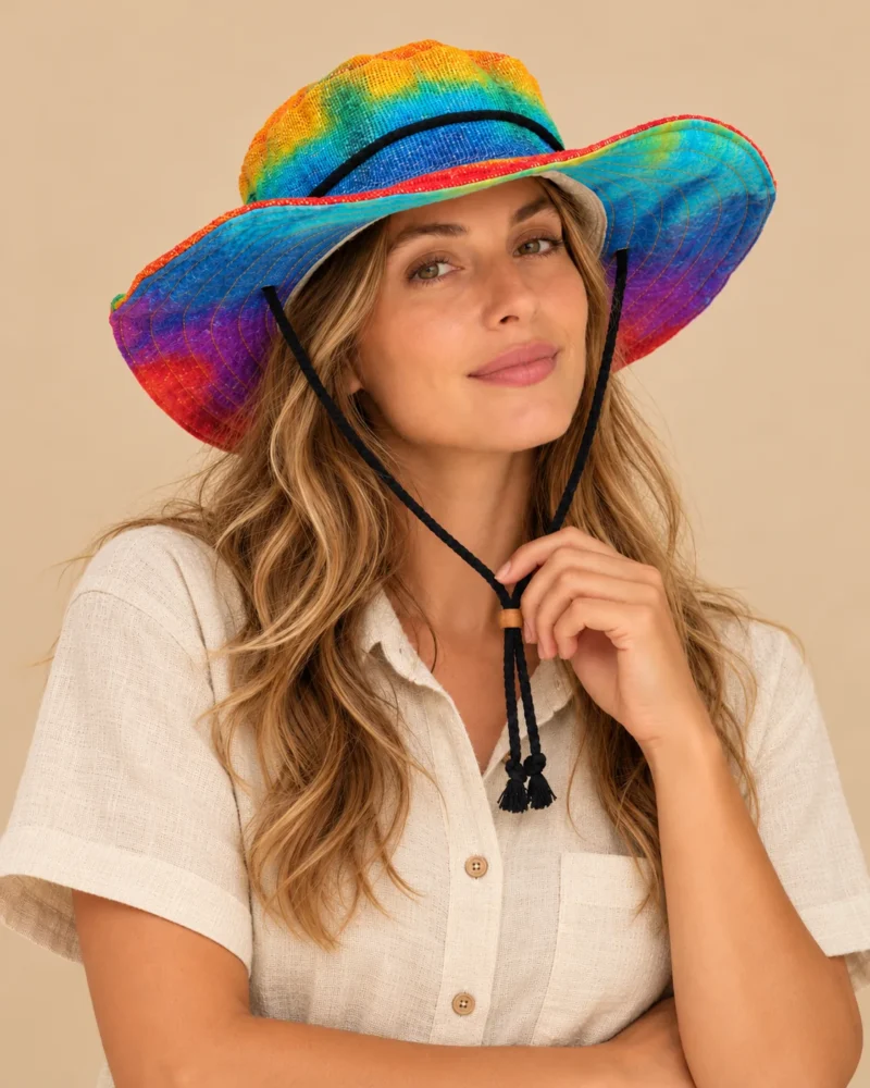 Rainbow KTM ,safari hat with chin string worn by a female