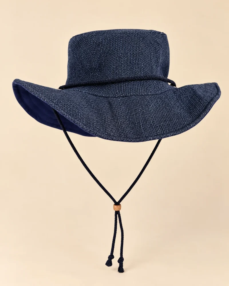 Navy Blue KTM Safari Hat with Chin String made from wild Himalayan hemp, featuring a wide shapable brim, textured crown and black adjustable chin cord.