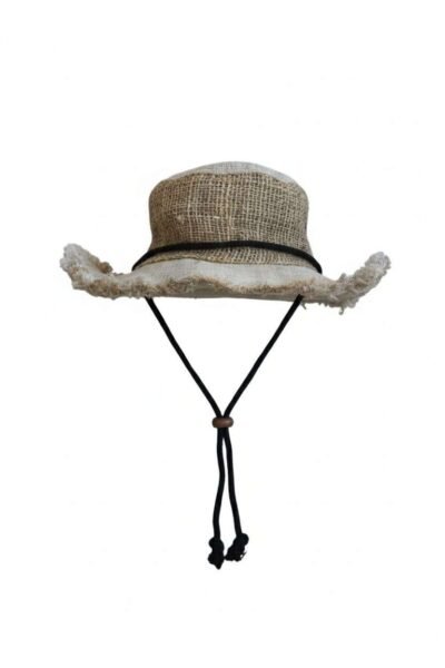 beiger cruiser hemp hat with string in plain background