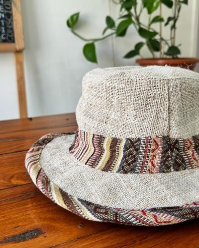 side view of beige bordered hemp sun hat