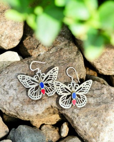silver butterfly earring with red and blue color