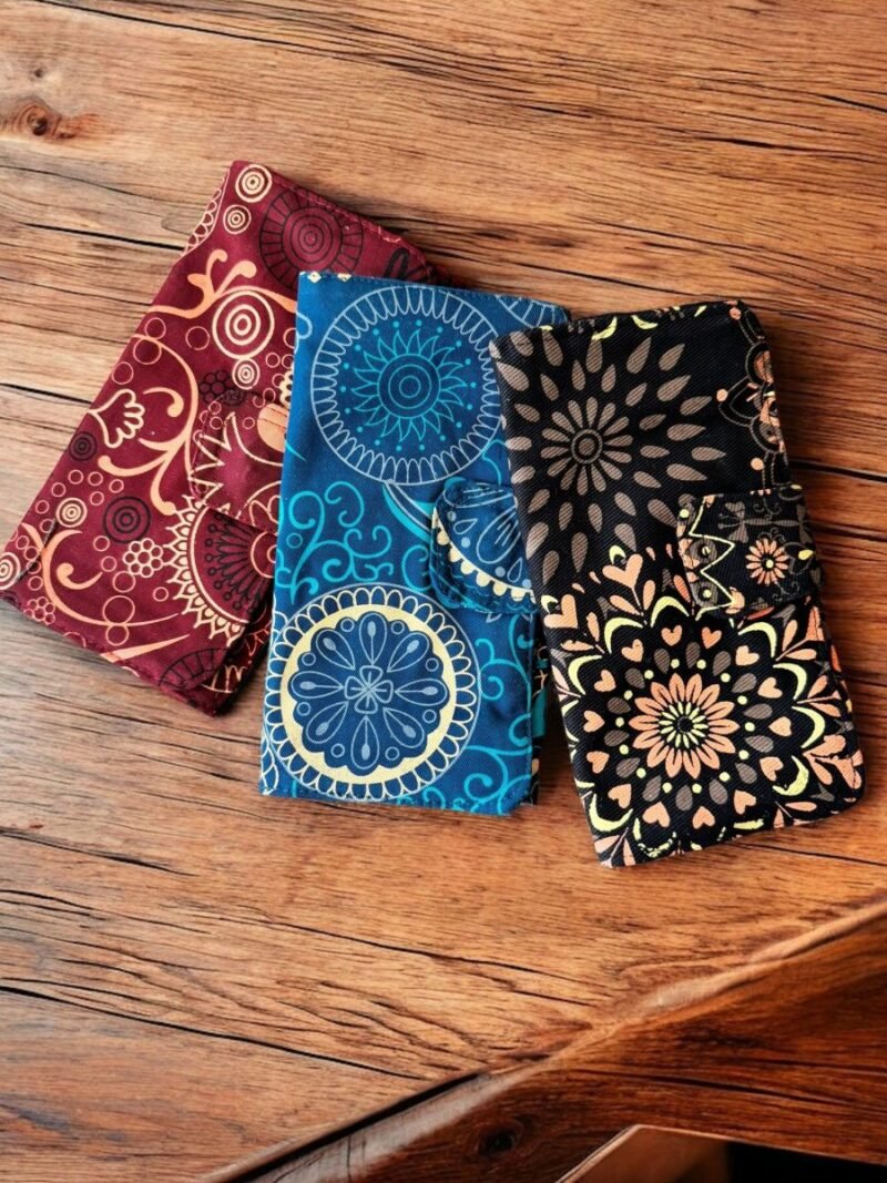 outer view of maroon, blue and black cotton women wallet
