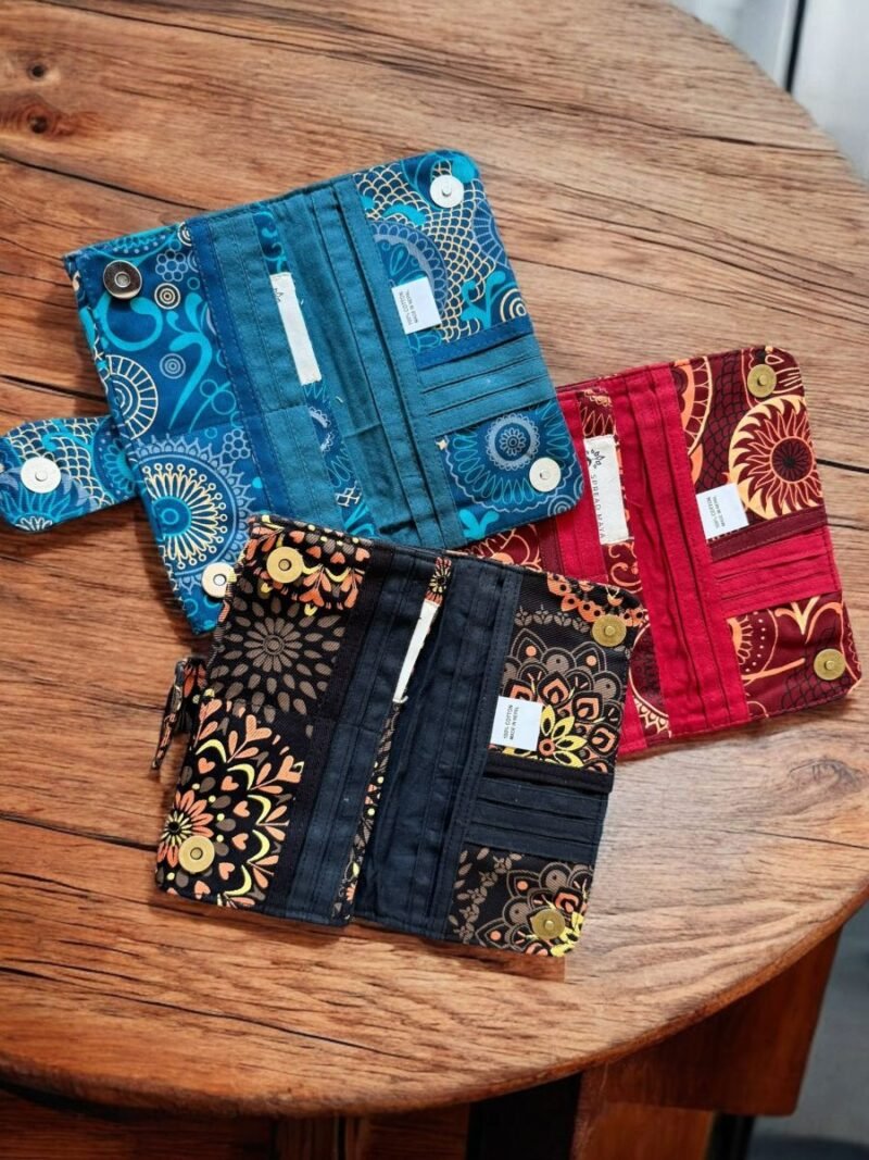 inner side of blue, black and maroon cotton wallet for women