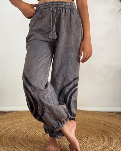 Model wearing a Charcoal harmony circle trouser, Made in Nepal