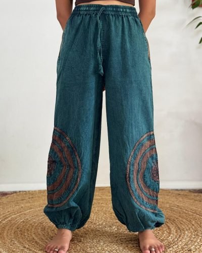 Model wearing a Teal harmony circle trouser, Hand-stitched in Nepal