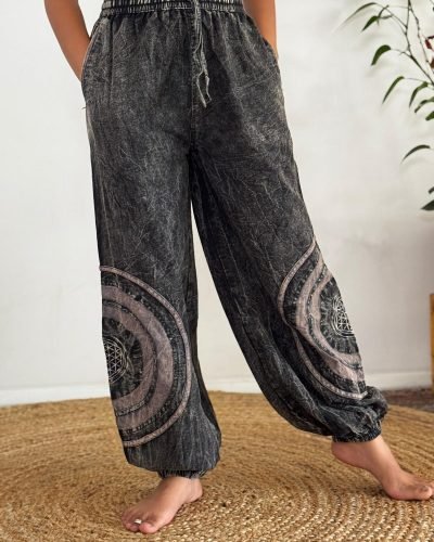 Model wearing a Black harmony circle trouser, Hand-stitched in Nepal