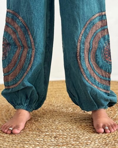 Model wearing a Teal harmony circle trouser, Hand-stitched in Nepal