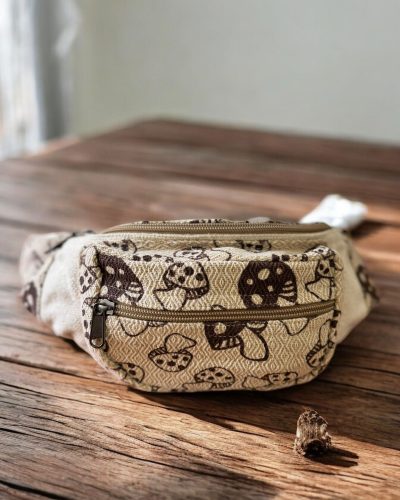 front view of mushroom printed hemp bum bag