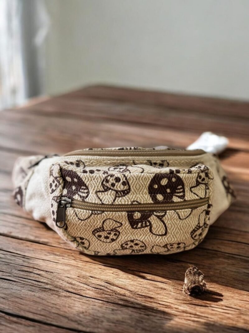 front view of mushroom printed hemp bum bag