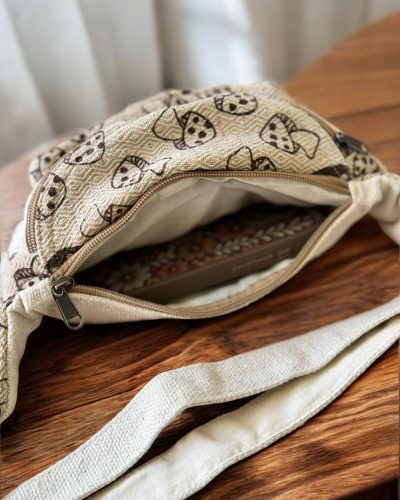 mushroom printed hemp bum bag with a phone inside