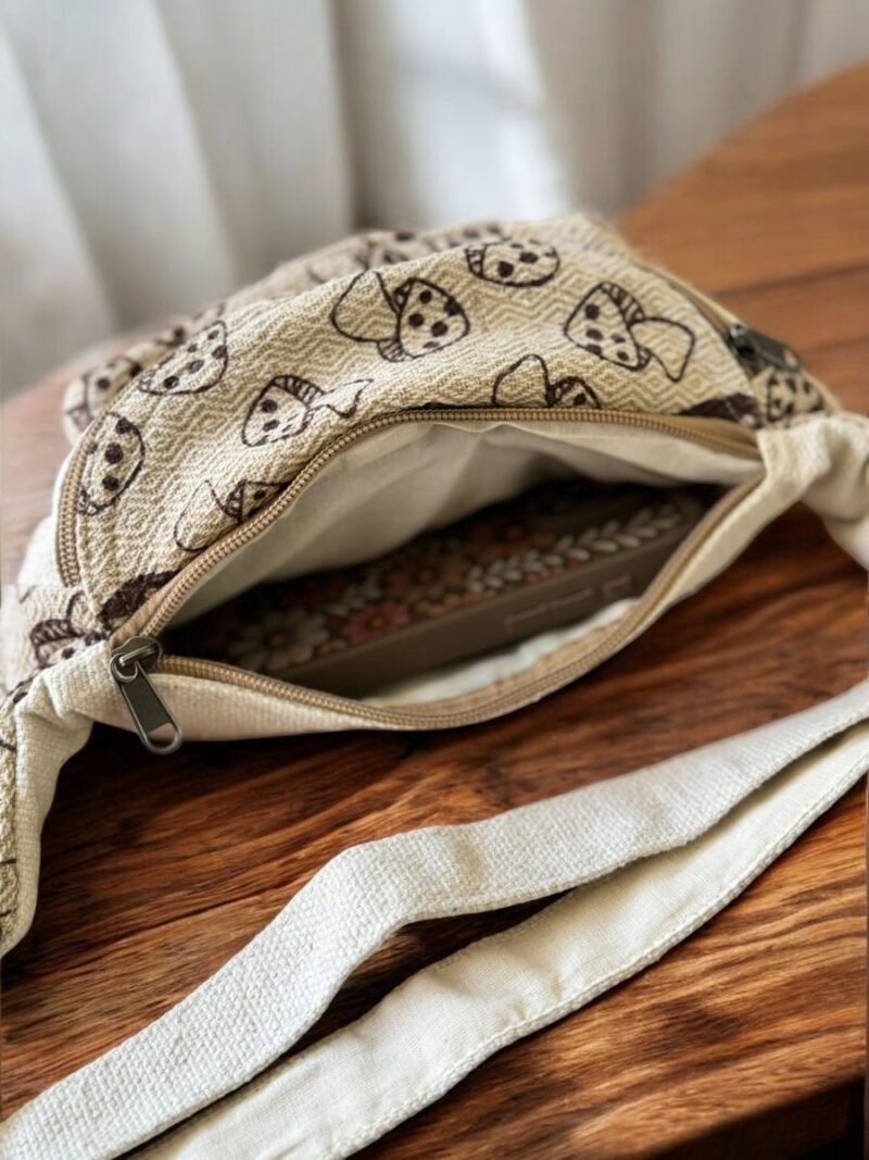 mushroom printed hemp bum bag with a phone inside