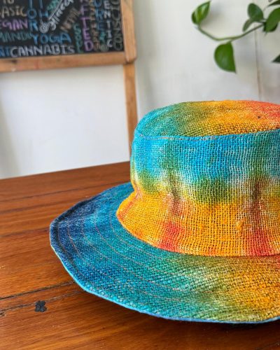 side view of rainbow wide brim hemp hat