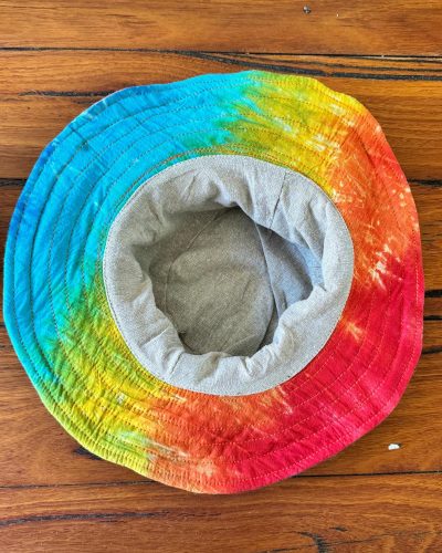 inside view of colorful rainbow hemp hat with wide brim