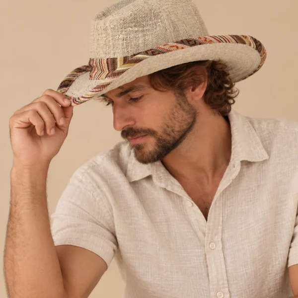 Beige Bordered Hemp Safari Hat – Wide Brim