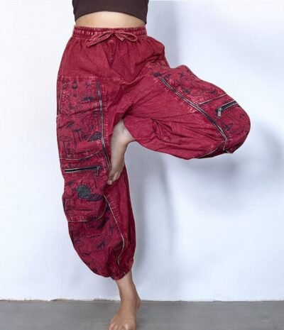 Mushroom printed red trousers