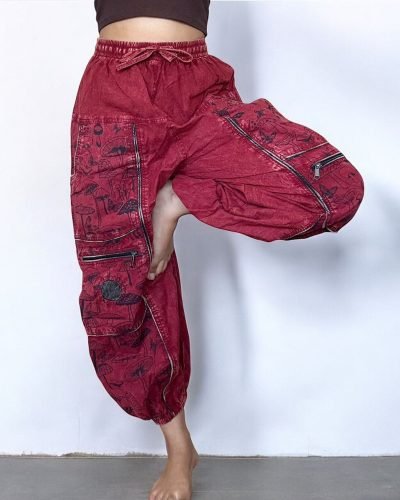 Mushroom printed red trousers