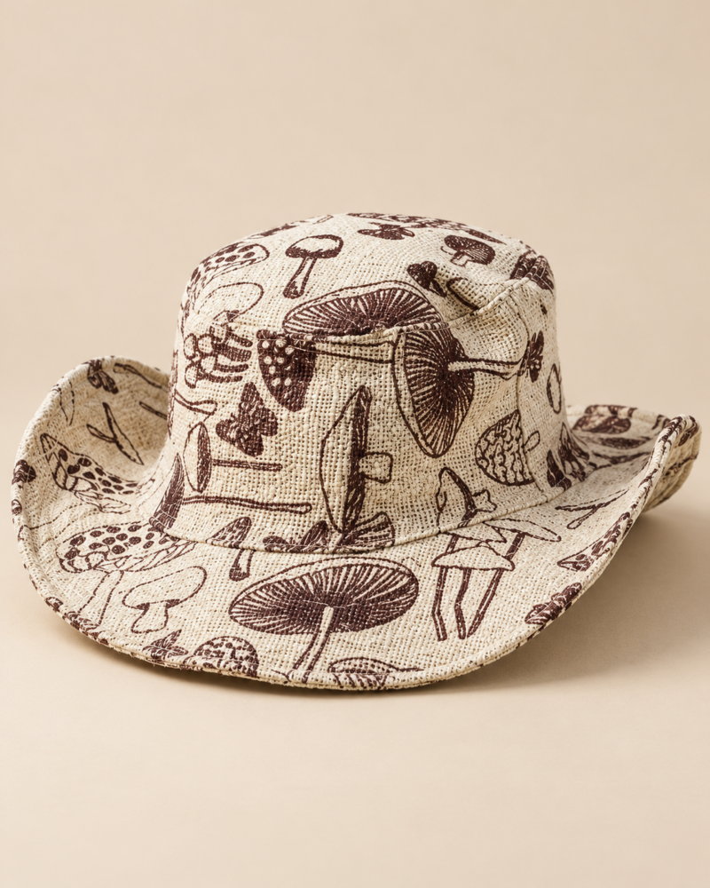 Large Mushroom Print Hemp Hat in natural beige with mushroom patterns, showing the woven hemp crown and wide brim from above.