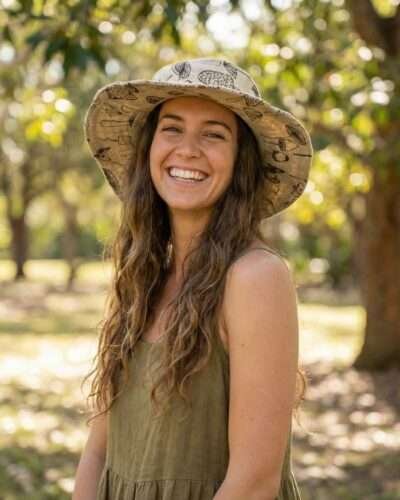 mushroom printed hemp hat worn by a woman in a park
