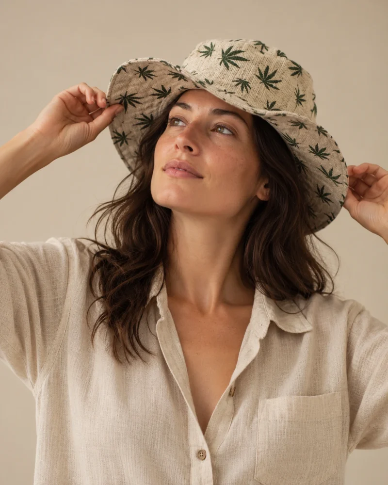 Hemp leaves small print hat worn by female model