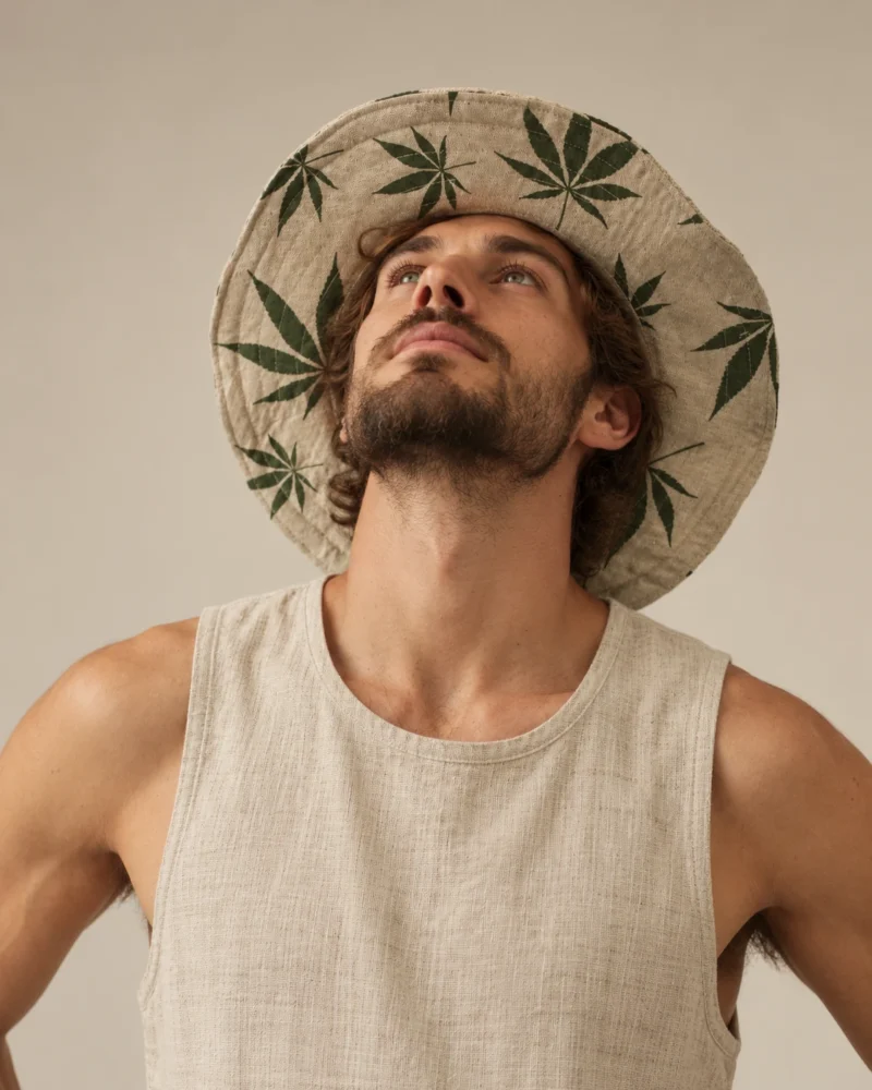 Ellie wearing Large Leaf Print Hemp Hat and natural hemp shirt, posing with his hands behind his head against a beige background.