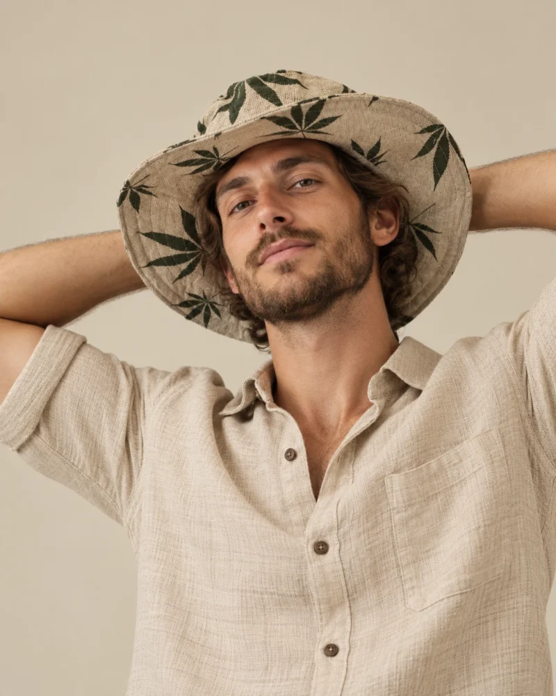 Ellie wearing Large Leaf Print Hemp Hat and natural hemp shirt, posing with his hands behind his head against a beige background.
