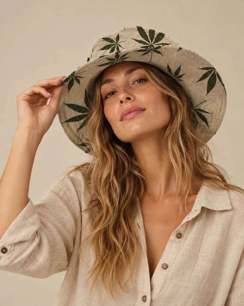 Maya wearing Large Leaf Print Hemp Hat with natural hemp clothing, gently holding the wide brim against a plain beige background.