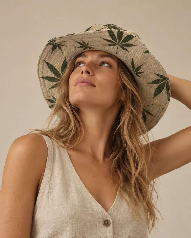 Female model Maya wearing Large Leaf Print Hemp Hat with a natural hemp sleeveless top, looking upwards in a relaxed pose.