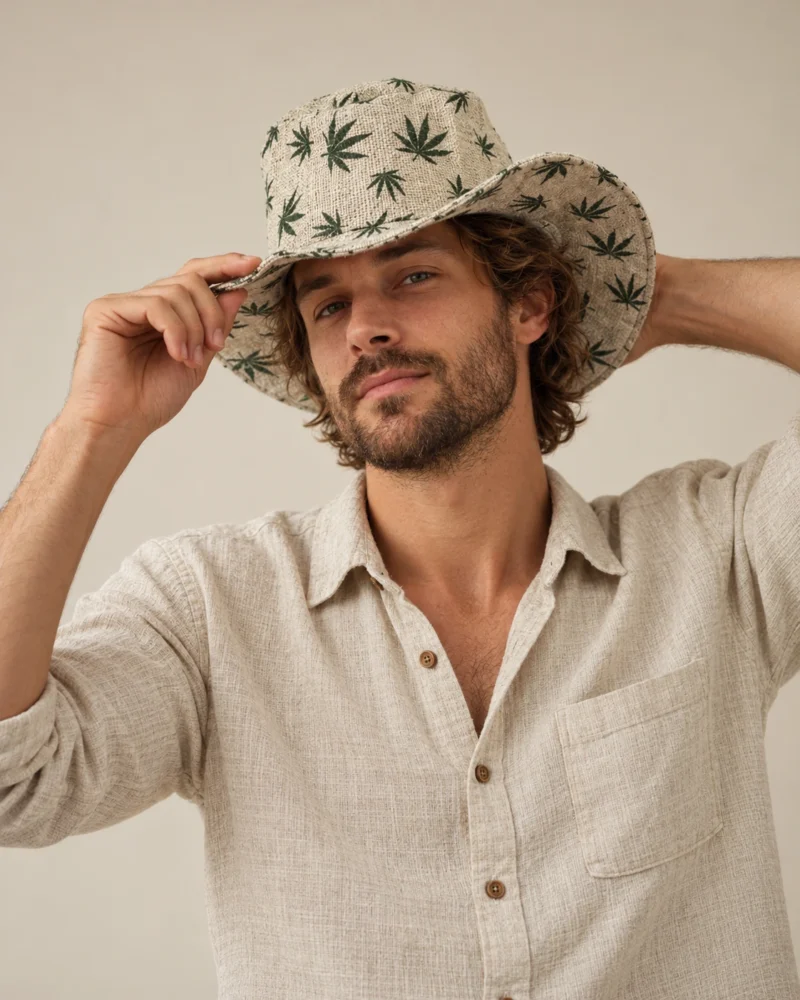 Hemp leaves small print hat worn by male model