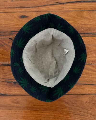 inner side of black hemp bucket hat with leaf print