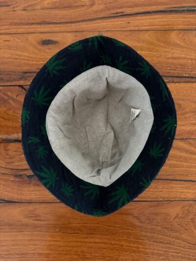 inner side of black hemp bucket hat with leaf print