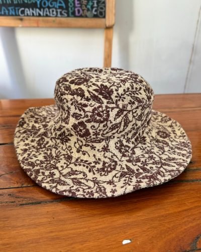 Hemp hat with flower print close up