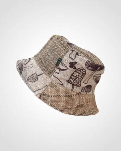 half mushroom print hemp bucket hat in plain background