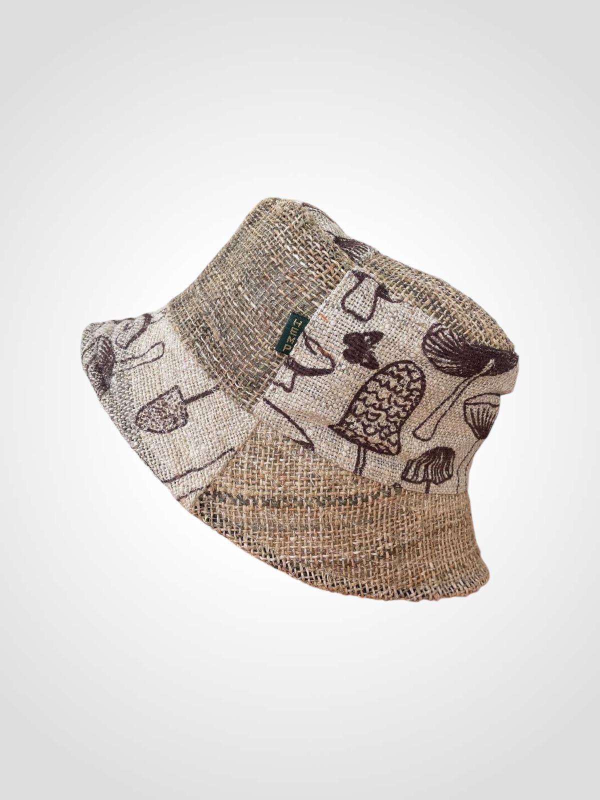 half mushroom print hemp bucket hat in plain background