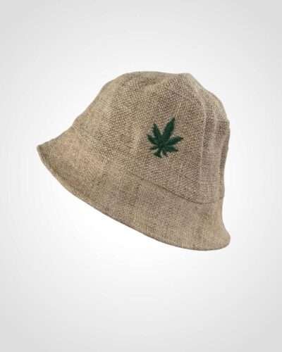 hemp bucket hat with hemp leaf embroidery in plain background