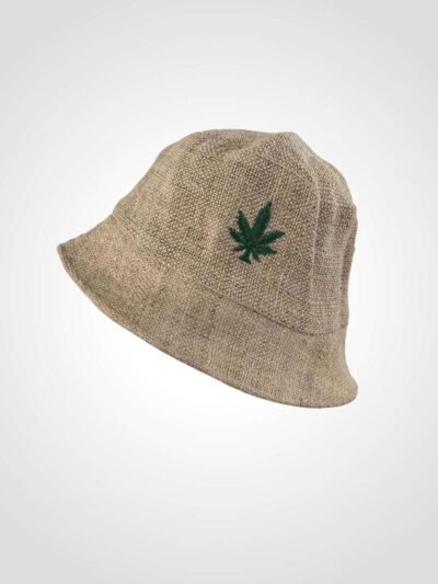 hemp bucket hat with hemp leaf embroidery in plain background