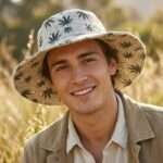 Small Leaf Print Hemp Hat - Wide Brim